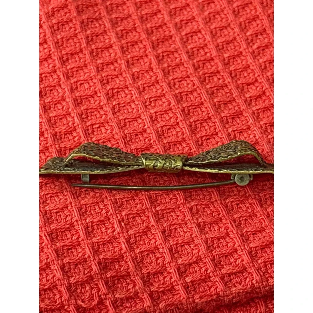 Antique Brass Ribbon Bow Brooch leaves and berries design Early 1900s